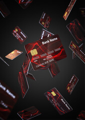 Flying credit cards on a black background