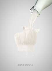 Chef cooking hat made of milk splash liquid. Milk flow from a glass bottle. Isolated on a grey studio background. Creative 3D  rendering realistic illustration