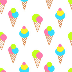 Ice cream cones on white bright seamless pattern background