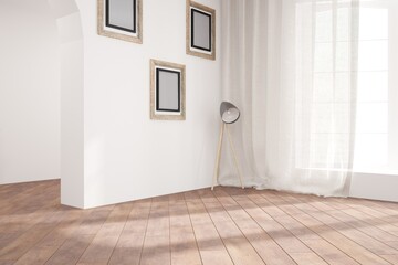 modern room with curtains,lamp and frames interior design. 3D illustration