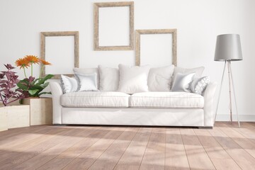 modern room with sofa,pillows,lamp,boxes and plants interior design. 3D illustration