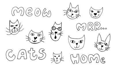 Hand drawn vector illustration of cat faces. Collection of cute funny domestic animals isolated. Simple childish drawing.