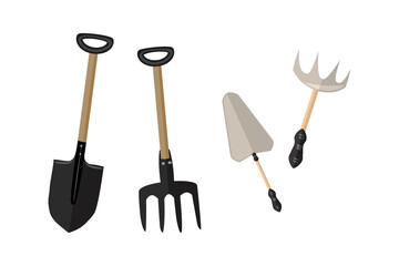 Gardening groundworks tools isolated on white background. Hayfork, trowel, rake and shovel. Garden icon set. Garden tools and gardening items. Groundworks equipment in cartoon style. Stock vector