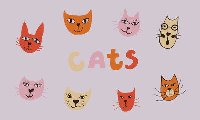 Hand drawn vector illustration of cat faces. Collection of cute funny domestic animals isolated. Simple childish drawing.