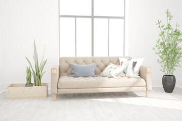 modern room with sofa,pillows,plants interior design. 3D illustration