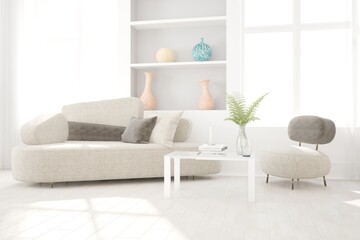 modern room with sofa,pouf,pillows,vases,table,books,vases interior design. 3D illustration