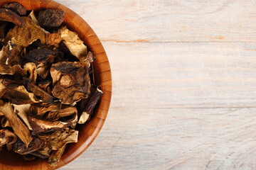 Dried mushrooms in wooden bowl. Boletus badius.