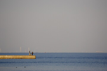 海の港で釣りをしている人々