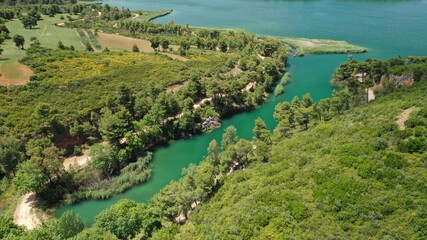 Aerial drone panoramic photo of beautiful nature in artificial lake and dam of Marathonas or...