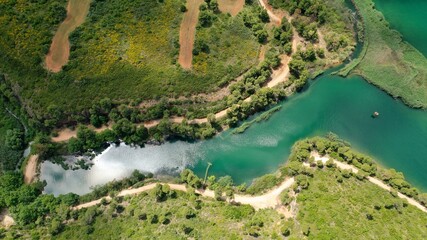 Aerial drone panoramic photo of beautiful nature in artificial lake and dam of Marathonas or...