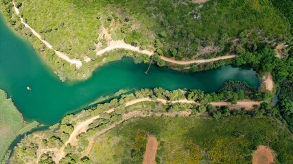Aerial drone panoramic photo of beautiful nature in artificial lake and dam of Marathonas or...