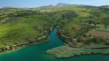 Aerial drone panoramic photo of beautiful nature in artificial lake and dam of Marathonas or...