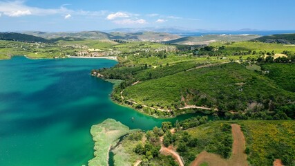 Aerial drone panoramic photo of beautiful nature in artificial lake and dam of Marathonas or Marathon that feeds drinking water supply to Athens, Attica, Greece