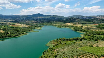 Aerial drone panoramic photo of beautiful nature in artificial lake and dam of Marathonas or...
