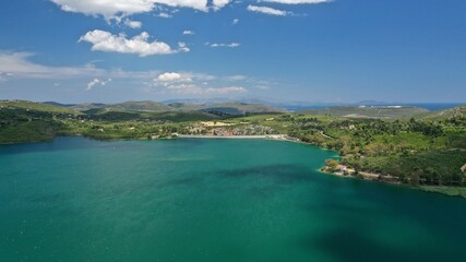 Fototapeta na wymiar Aerial drone panoramic photo of beautiful nature in artificial lake and dam of Marathonas or Marathon that feeds drinking water supply to Athens, Attica, Greece