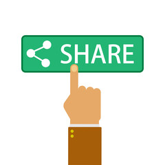 Sharing button. Hand pressing icon share. Vector illustration flat design. Isolated on white background.