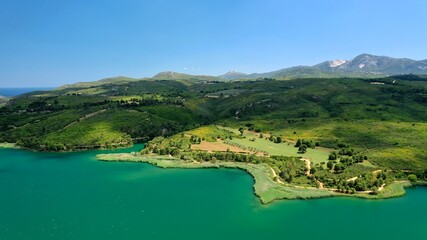 Aerial drone panoramic photo of beautiful nature in artificial lake and dam of Marathonas or...