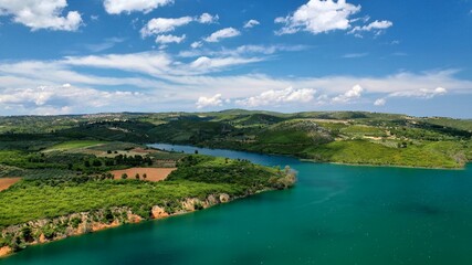 Aerial drone panoramic photo of beautiful nature in artificial lake and dam of Marathonas or...