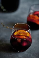 Delicious refreshing sangria. Spanish national drink with oranges, strawberries and ice. Home made production..