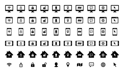 PC,スマートフォン,ブラウザ,インターネット,セキュリティ,ビジネス,チャット,地図等のアイコン