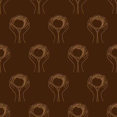 Hands holding a cup of coffee or cocoa hand-drawn. Vector seamless doodle pattern on brown background. Design for textile, print