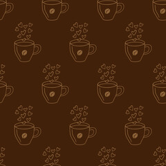 Large mug of coffee or cocoa hand-drawn. Vector seamless doodle pattern on brown background. Design for textile, print.