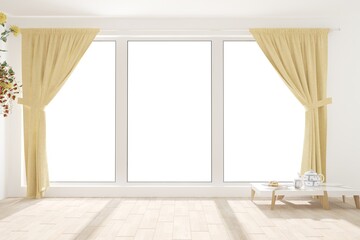 modern room with table with tea set,plants and yellow curtains interior design. 3D illustration