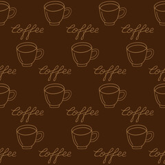 Large mug of coffee or cocoa hand-drawn. Vector seamless doodle pattern on brown background. Design for textile, wrapping, print.