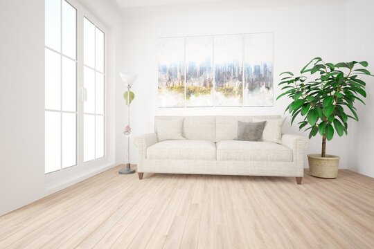 moswen room with sofa,plant,lamp and pictures interior design. 3D illustration