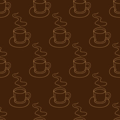 Large mug of coffee or cocoa hand-drawn. Vector seamless doodle pattern on brown background. Design for textile, wrapping, print.
