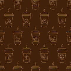 Paper cup of coffee hand-drawn. Vector seamless doodle pattern on brown background. Design for textile, print.