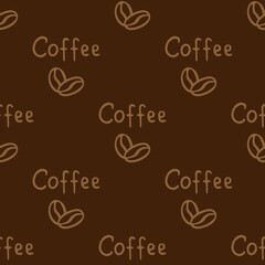 Two coffee beans and the inscription coffee hand-drawn. Vector seamless doodle pattern on brown background. Design for textile, wrapping, print.