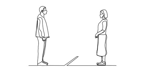 Continuous line drawing of people standing and wearing mask  in social distancing to prevent spreading of viruses. Vector illustration