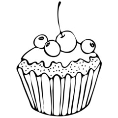 vector illustration, cupcake, sweets, cake piece, in doodle style in black, linear drawing, isolate on a white background