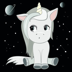 Hand drawn little unicorn in space with constellation