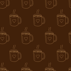 Large mug of coffee or cocoa hand-drawn. Vector seamless doodle pattern on brown background. Design for textile, print.
