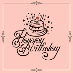 happy birthday card design with cake isolated on pink background