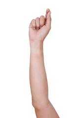 Male asian hand gestures isolated over the white background. Grab Thing with two fingers Action.