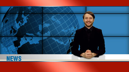 An anchorman telling the breaking news in television studio