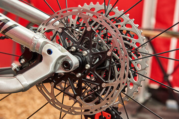 Riva del Garda,Lago di Garda ,Italy - 29 April 2017:Mountain bike back wheel with mechanical disc brake on display at Expo Ziener BIKE Festival Garda Trentino,Italy