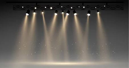 Poster Vector stage with set of yellow spotlights. grey stage lights. realistic epty scene. illustartion © Vitaliy