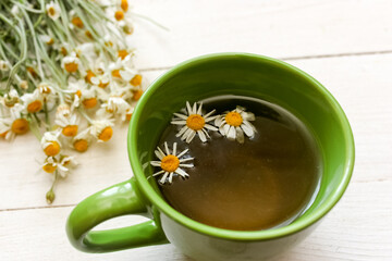 Cup Of Tea And Chamomile Flowers