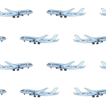 hand drawn painted seamless pattern with watercolor sketch of isolated planes on white background