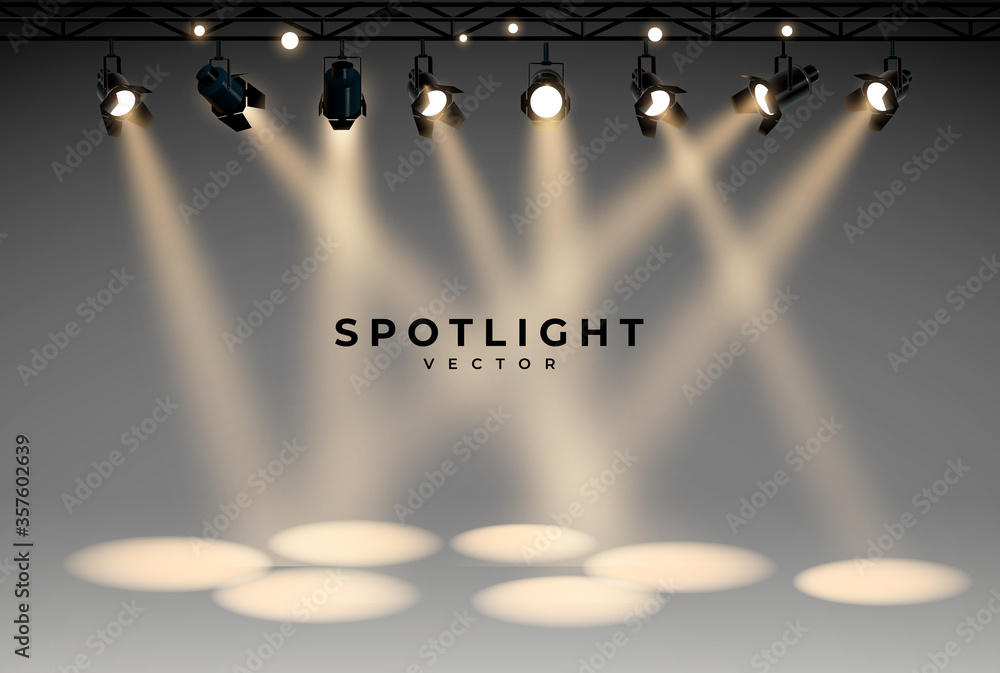 Wall mural spotlights empty scene. illuminated design. vector illustration. realistic stage with projector.