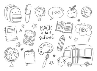 Cute school objects, icons set. Coloring page, activity sheet with cartoon characters of school, education and art supplies items with happy faces. Back to School doodles.