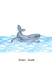 Watercolor poster postcard with hand drawn whale in ocean sea wave in sketch and doodle style on white background