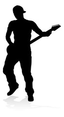 A guitarist musician in detailed silhouette playing his guitar musical instrument.