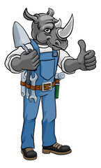 A rhino bricklayer builder construction worker mascot cartoon character holding a trowel tool giving a thumbs up