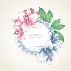 Beautiful floral vintage frame with hand-drawn lilies flowers. Tender and cute vector template for the design of greeting cards from March 8, invitations to the celebration, wedding ceremony.