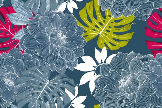 Colorful floral seamless pattern with blue dahlia flowers and monstera leaves. Vector elements for wallpaper, wall decor, creativity, cards, invitations. Vector illustration. 